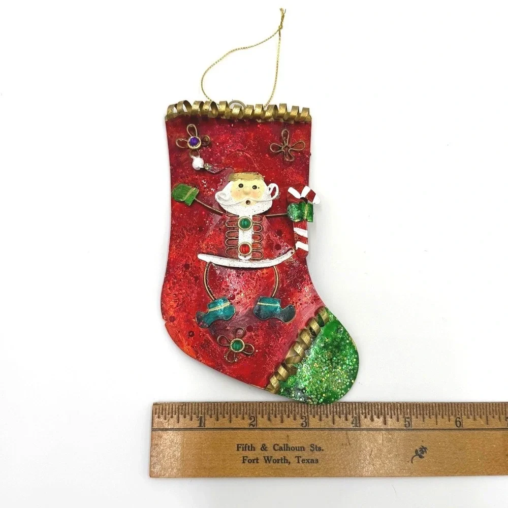 Christmas Stocking Ornament‎ Metal Santa Claus Candy Cane Red Green Glitter